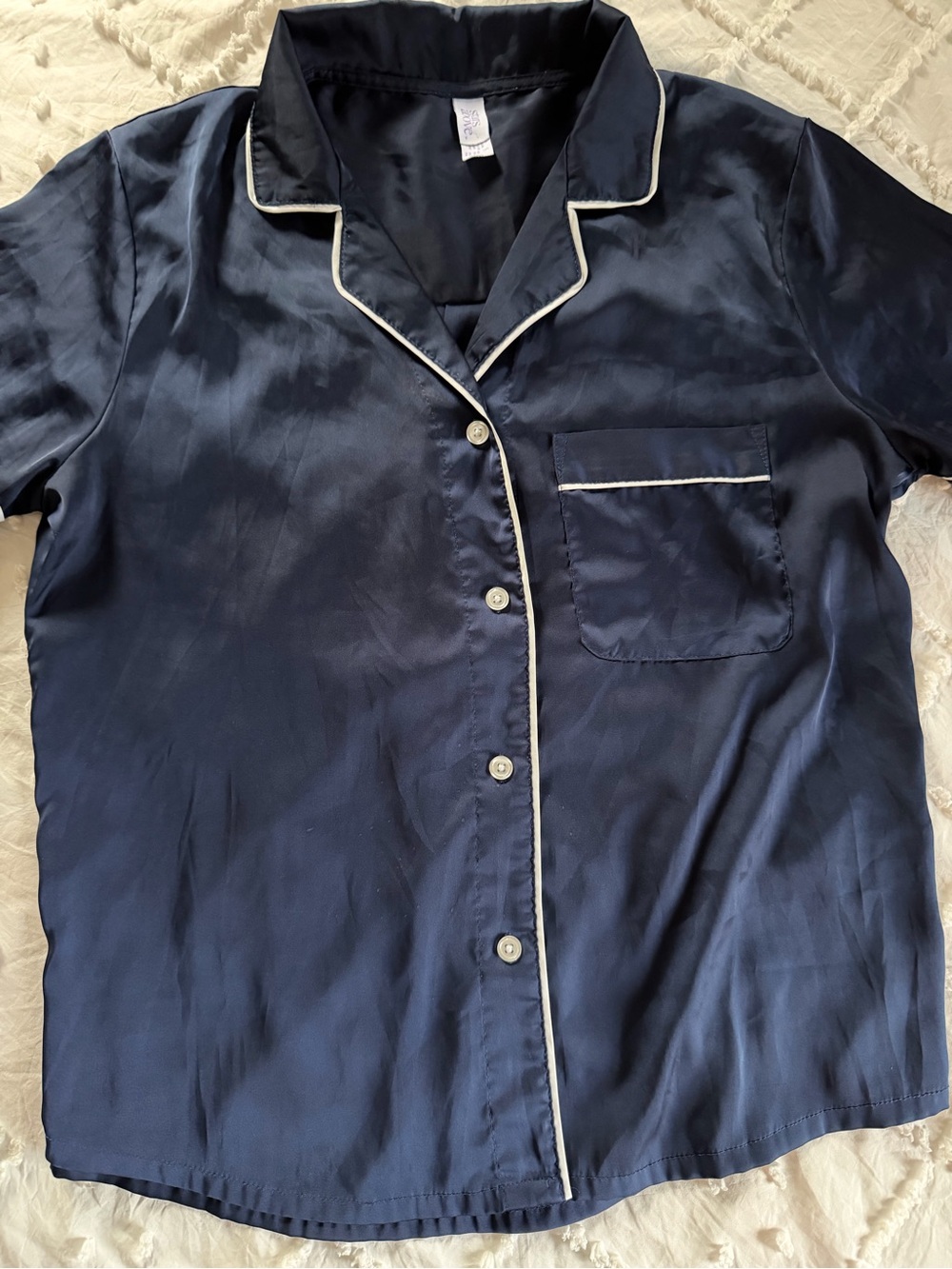 Stars Above Navy Satin Short Pajama Set with White Trim - Picture 2 of 7